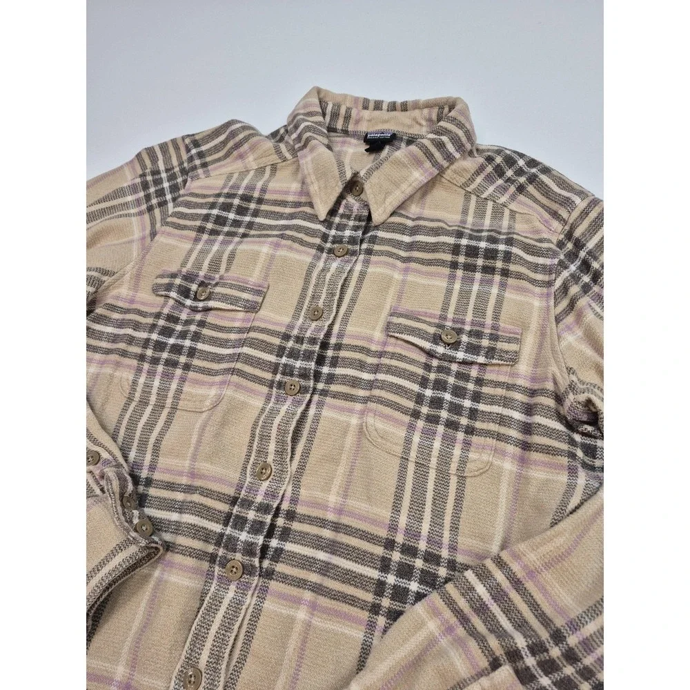 Patagonia Fjord Flannel Shirt Womens 14 Beige Organic Cotton Plaid Long Sleeve